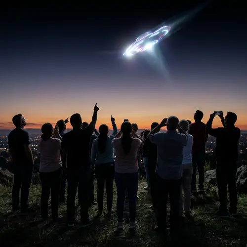 Diverse Crowd Observing UFO Arrival | Skywatchers Enthralled