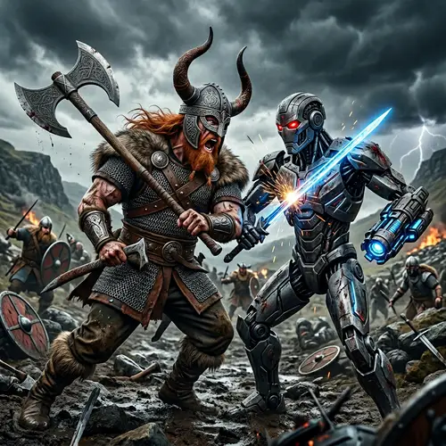 Viking Warrior vs Terminator: Epic Battle on Rugged Battlefield