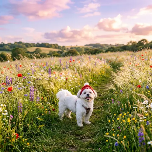 Joyous White Shih Tzu Dog in Vibrant Field with Red Hat