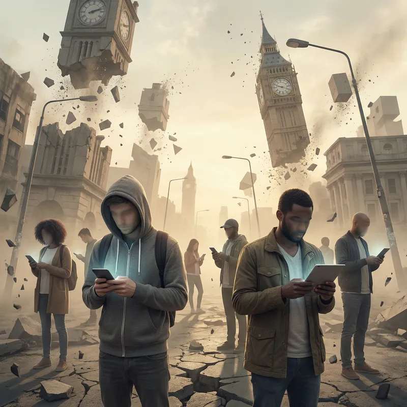 Dreamlike Scene of Faceless Beings Amid Digital Distraction