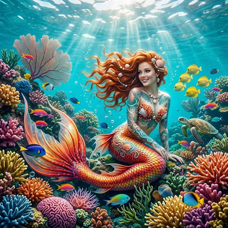 Enchanting Red-Haired Mermaid Tattoos in Clear Waters
