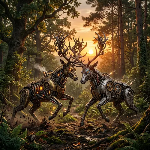 Mechanical Deer Battle in Realistic Landscape