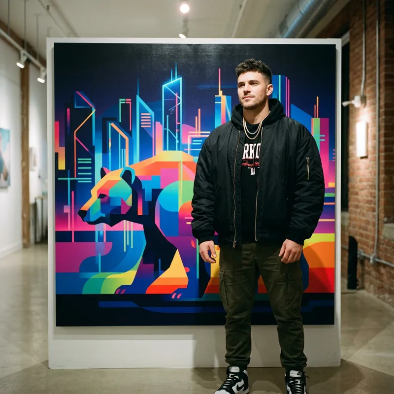 Kanye West in Colorful Scene - Standing in Front of 'Graduation' Album Cover