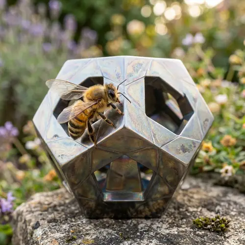 Bee Landing on Metallic Geometric Object - Realistic Artwork