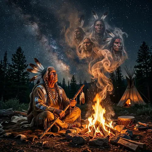 Native American Shaman Staring into Campfire | Warriors Faces in Smoke