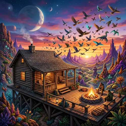 Realistic Log Cabin Overlooking Otherworldly Landscape