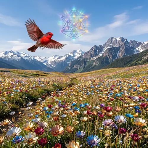 Colorful Metallic Flowers in Majestic Mountain Landscape