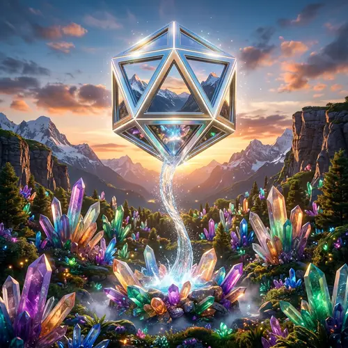 Shimmering Metallic Geometric Object | Water Cascade & Colorful Crystals