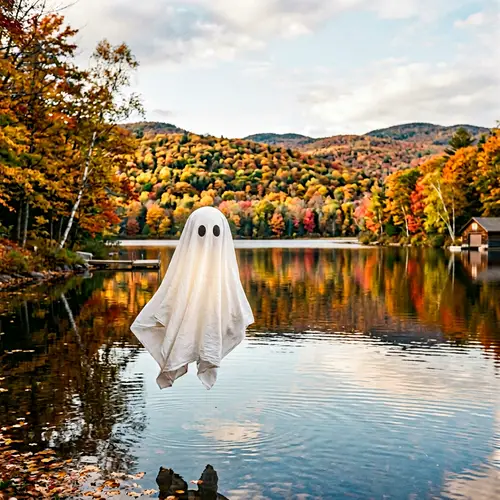 Child-like Ghost Floating above Serene Autumn Lake