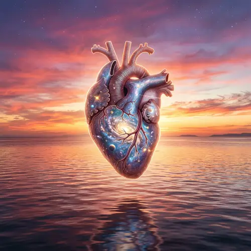 Human Heart & Galaxy Above Water at Sunset