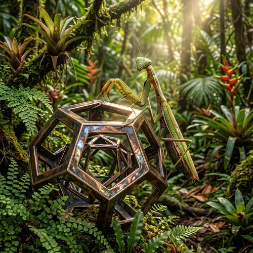 Realistic Praying Mantis on Metallic Geometric Object in Forest
