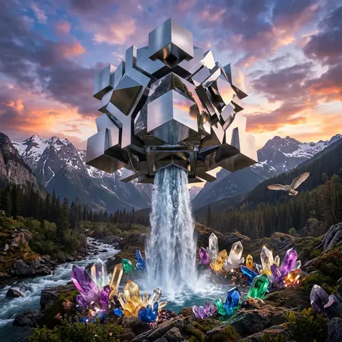 Floating Metallic Geometrical Structure Reflecting Natural Landscape