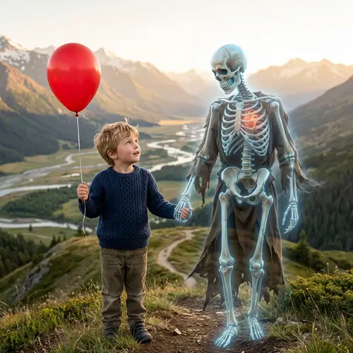 Spectral Skeleton and Boy with Red Balloon Embrace Nature's Beauty