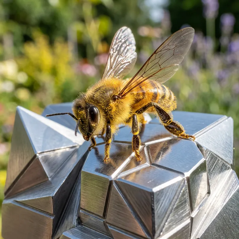 Detail of Bee Landing on Modern Geometric Metal Design Detail of Bee Landing on Modern Geometric Metal Design
