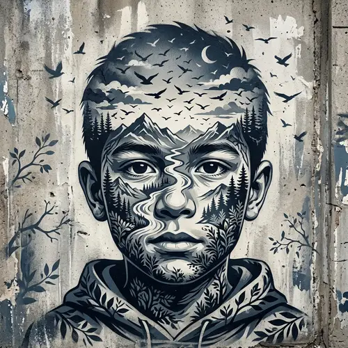 Stencil Art: Boy's Face Transformed into Nature Mosaic