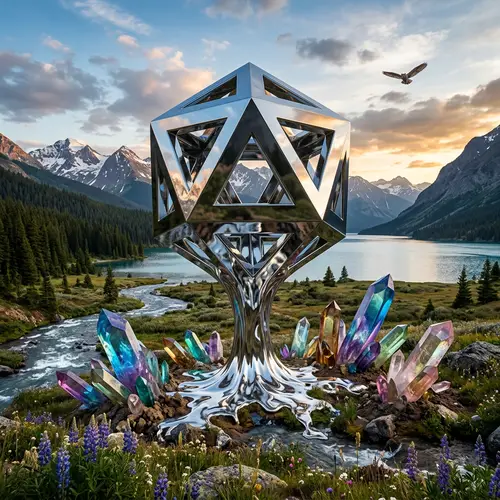 Metallic Geometric Object Blending with Landscape | Colorful Crystals Emergence