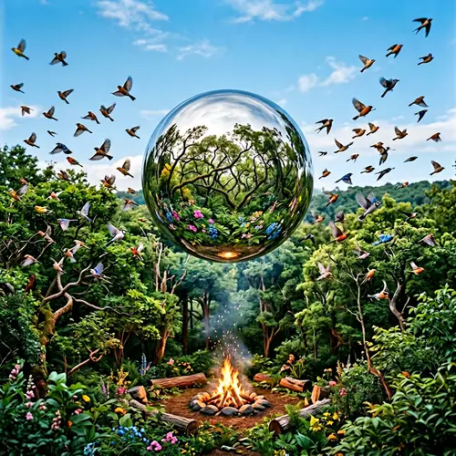 Captivating Image of Liquid Mercury Above Enchanting Forest and Birds Evolving into Sky