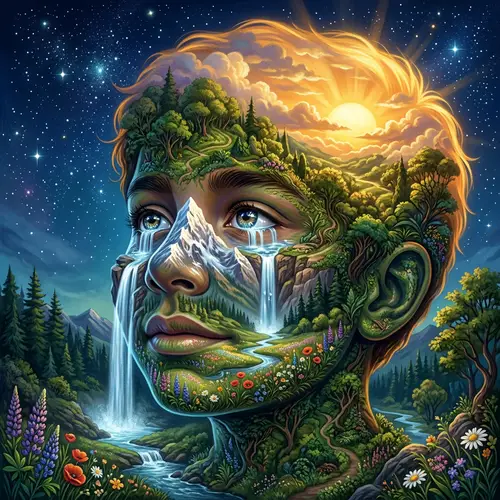 Surreal Portrait: Boy's Face Transformed into Nature Landscape