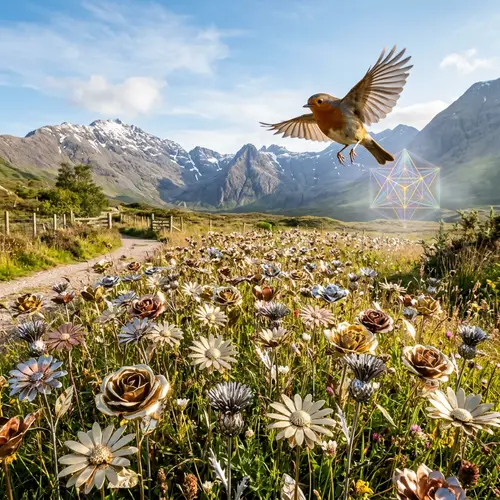 Metallic Flowers in Mountain Landscape with Red Robin and Sacred Geometry