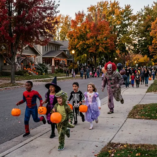 Vibrant Halloween Chaos: Children Fleeing Evil Clown