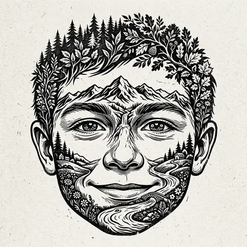 Nature-themed Black & White Stencil of Boy's Face