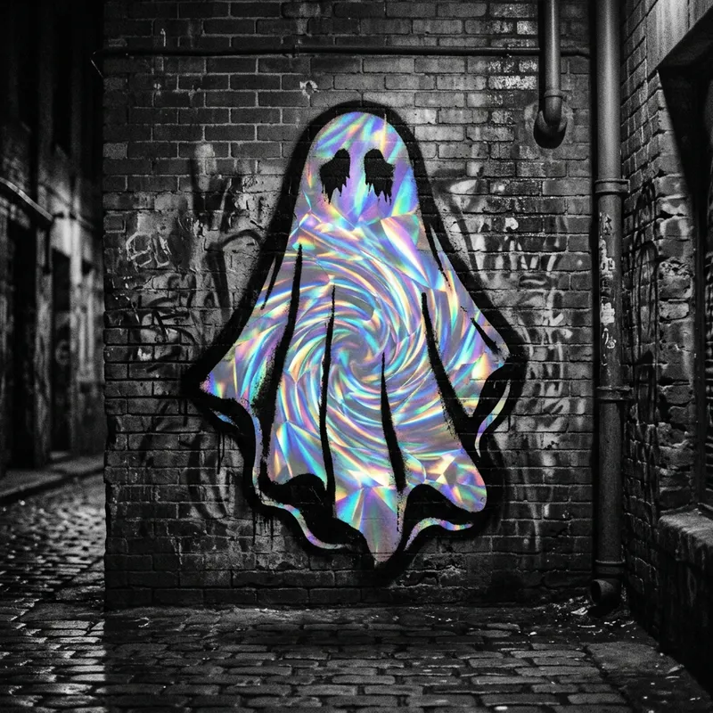 Black & White Ghost Stencil: Eerie Holographic Interior