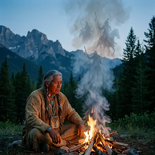 Native American Shaman Observing Campfire | Ethereal Spirits & Mountains