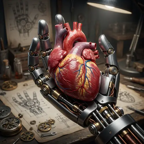 Detailed Mechanical Hand Holding Realistic Human Heart