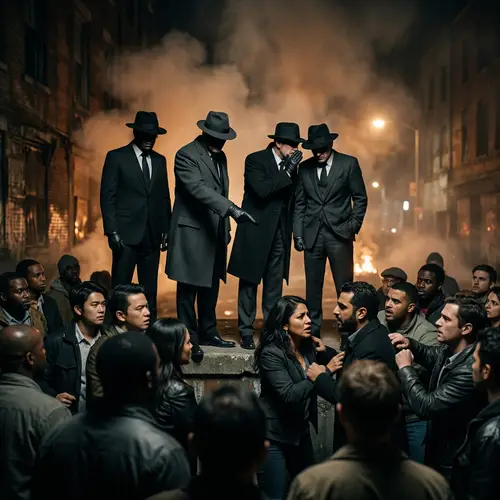 Sinister Figures Orchestrating Conflict Among Diverse Crowd