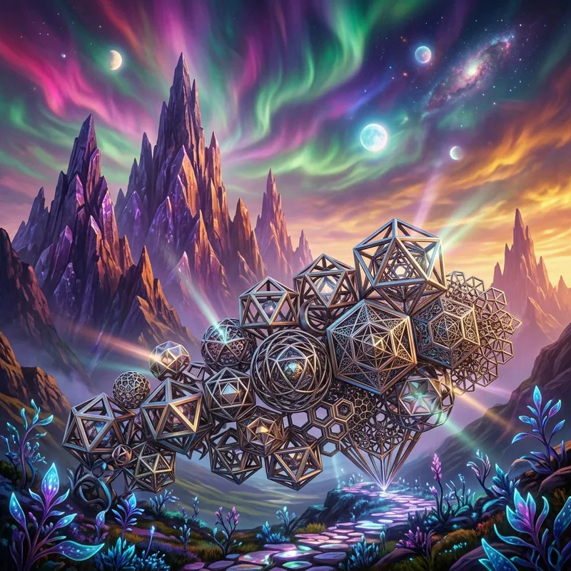 Surreal Mountain Landscape with Metal Sacred Geometry Surreal Mountain Landscape with Metal Sacred Geometry