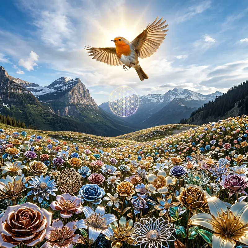 Shiny Metallic Flowers in Enchanting Mountain Landscape
