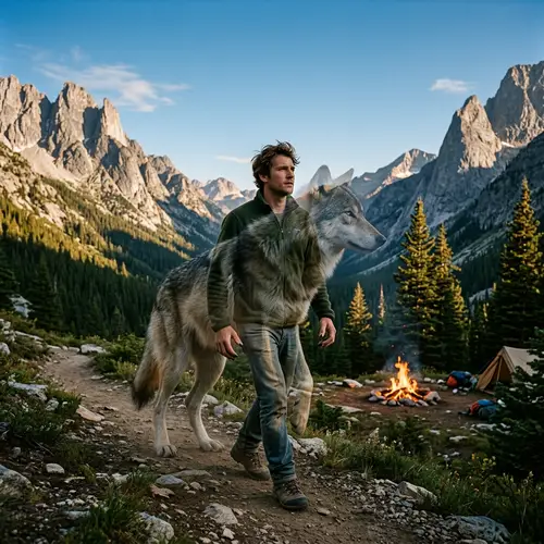 Man Transforming into Wolf in Majestic Mountain Landscape