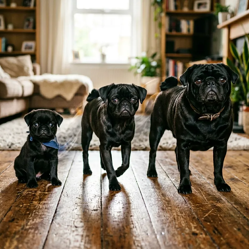 Dreamy Evolution of Black Pug Puppy into Adult