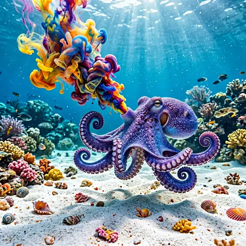 Vibrant Octopus Jetting Colorful Ink in White Sand