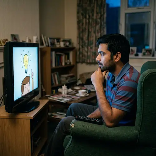 Thought-Provoking Image: South-Asian Man Entranced by TV Light Bulb