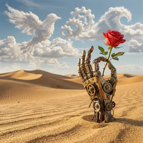 Mechanical Hand Holding Rose in Desert - Surreal Nature-Tech Narrative