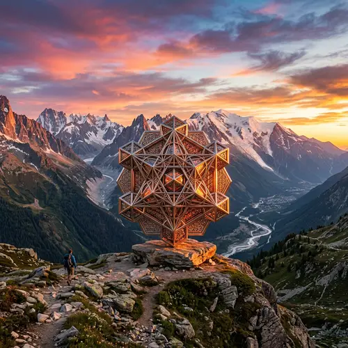 Surreal Mountain Landscape with Sacred Geometry Object at Sunset