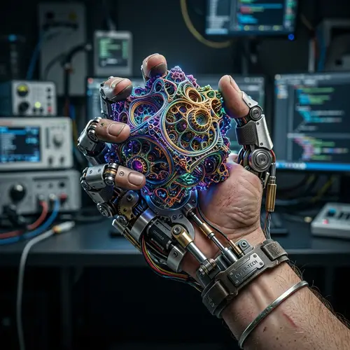 Advanced Robotic Hand Holding Colorful Geometrical Fractal Object