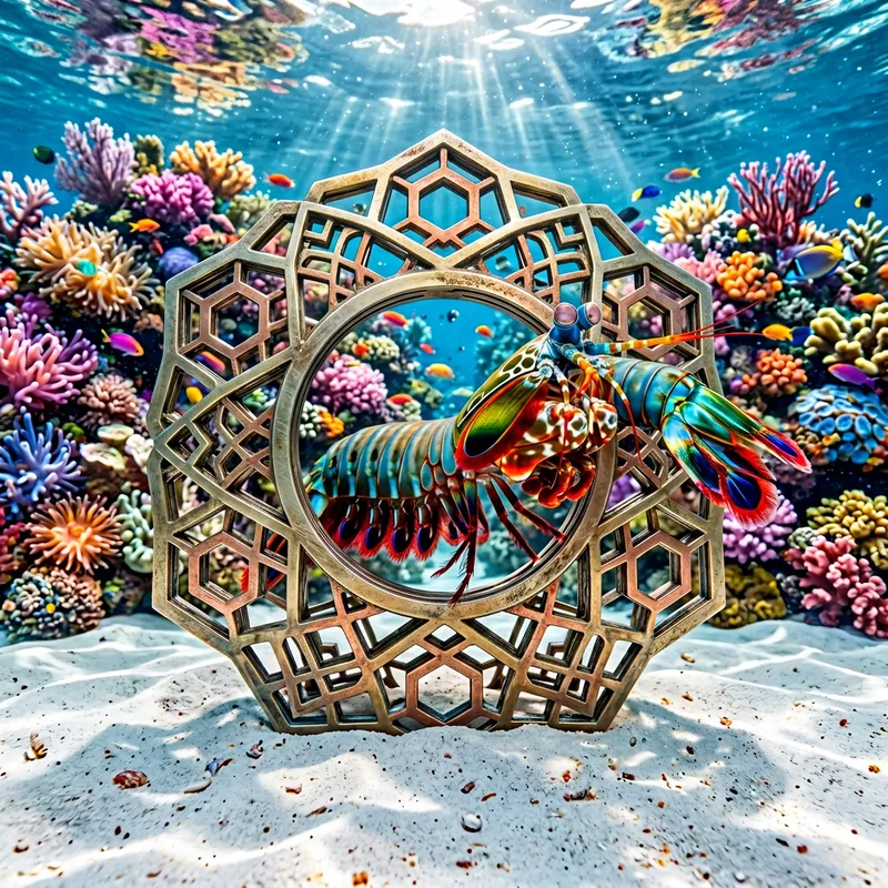 Vibrant Mantis Shrimp Swimming Through Metallic Geometric Object