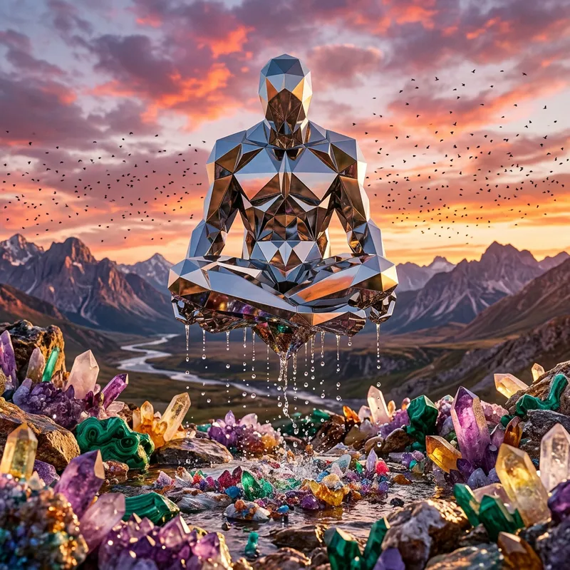 Realistic Hovering Metallic Figure & Crystal Garden