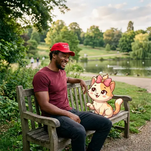 Serene Park Bench Scene with Kanye West and Hello Kitty