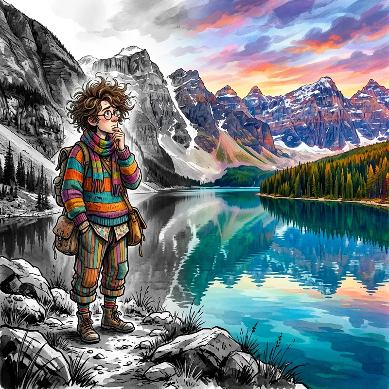 Beetlejuice Contemplates Nature | Vibrant Mountain Lake Landscape