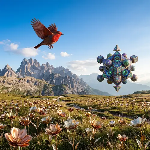 Metallic Flowers in Mountain Landscape with Red Robin and Sacred Geometry