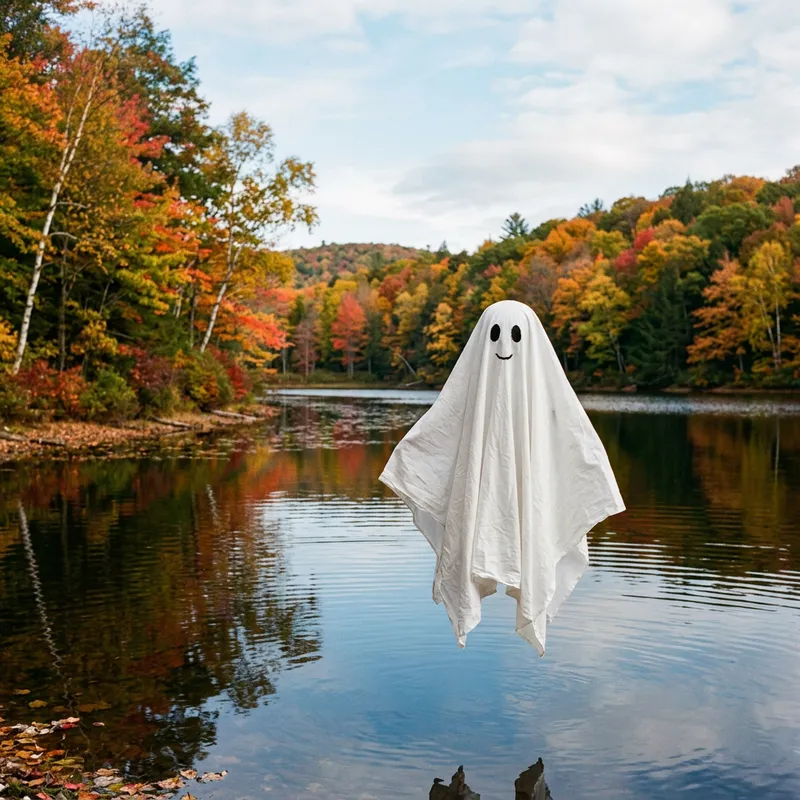 Innocently Playful Simple Ghost Floating Above Tranquil Lake