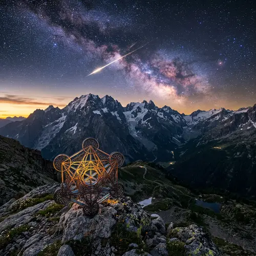 Vibrant Mountain Landscape with Sacred Geometry Object at Sunset