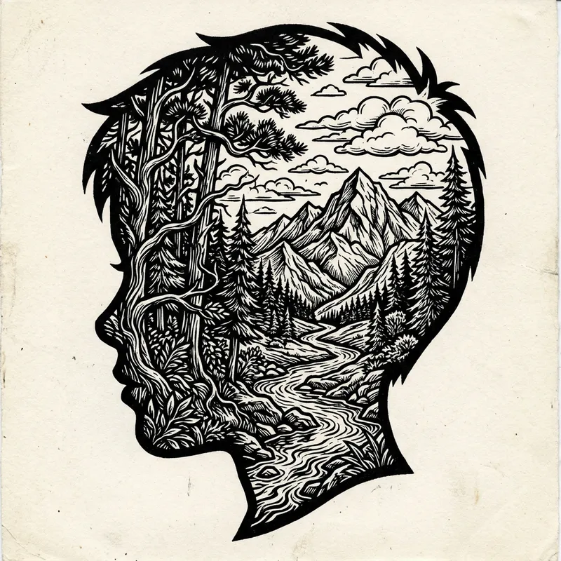 Black and White Stencil Art: Boy's Face Nature Scene