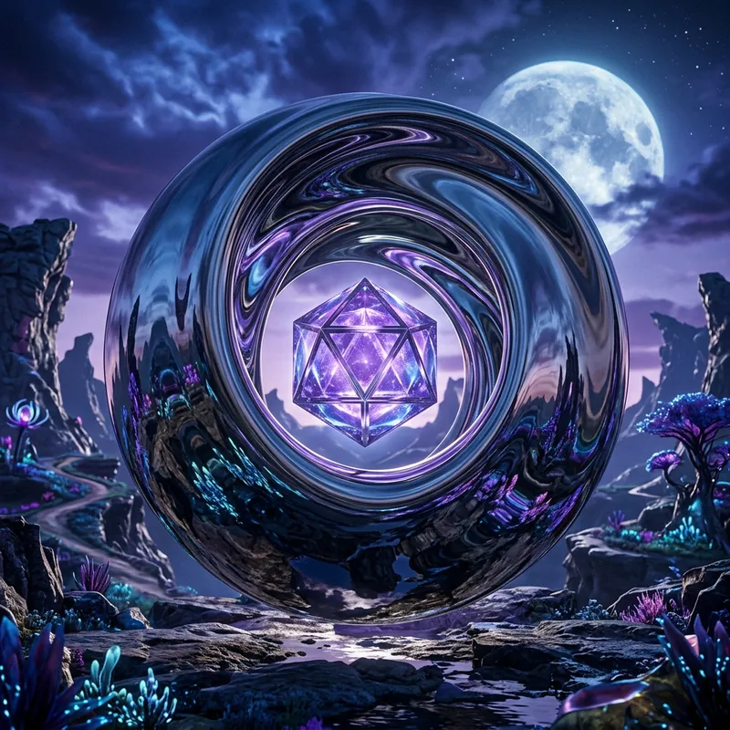 Alien Landscape Reflection: Mesmerizing Metallic Structure and Geometric Glow Alien Landscape Reflection: Mesmerizing Metallic Structure and Geometric Glow