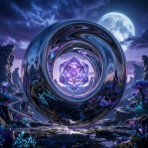 Alien Landscape Reflection: Metallic Liquid Structure and Geometric Glow