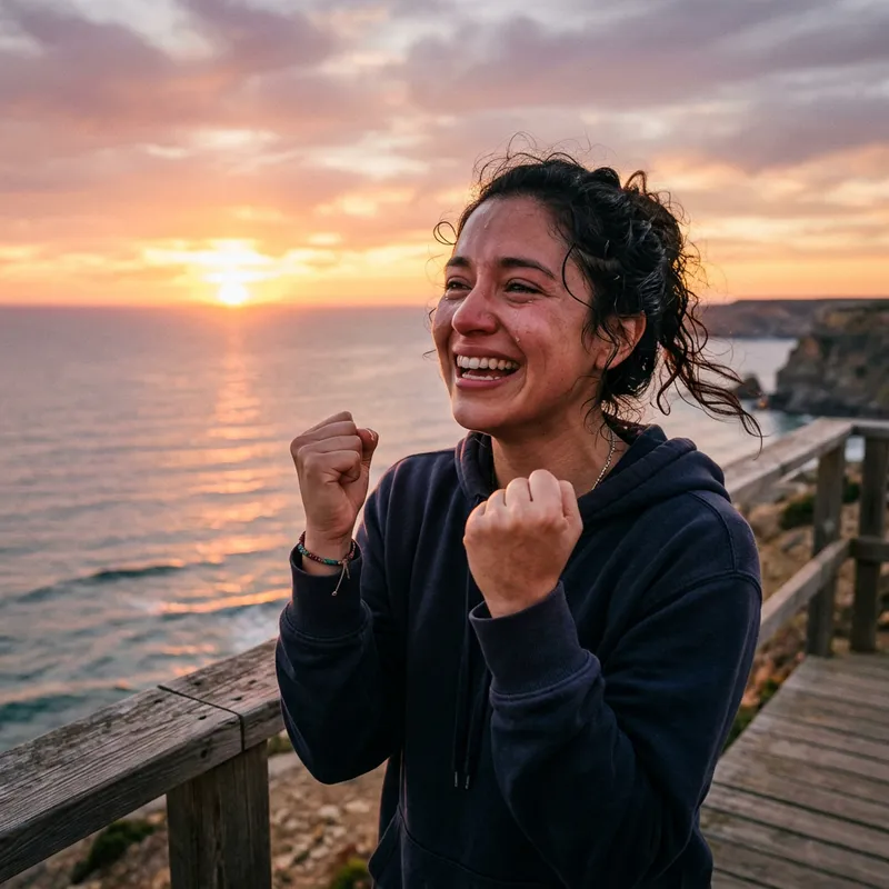 Triumphant Hispanic Woman Overcoming Long Struggle in the Sunset