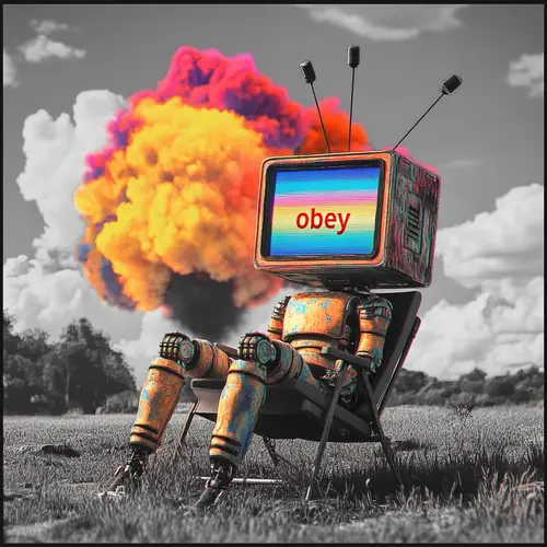 Surreal Square Robot in Colorful Landscape